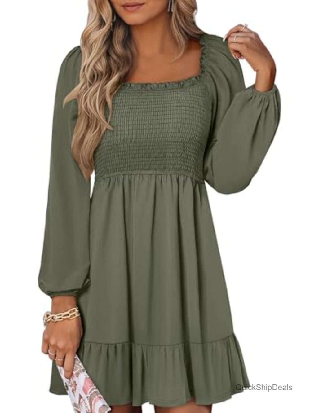 Womens Fall Long Lantern Sleeve A-Line Midi Dress Square Neck Smocked